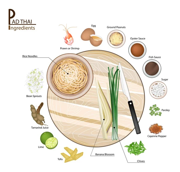 16 ingrediënten pad Thaise of Thaise roergebakken noedels — Stockvector