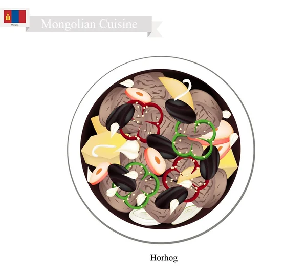 Horhog of Mongoolse vlees barbecue met wortelen en aardappelen — Stockvector