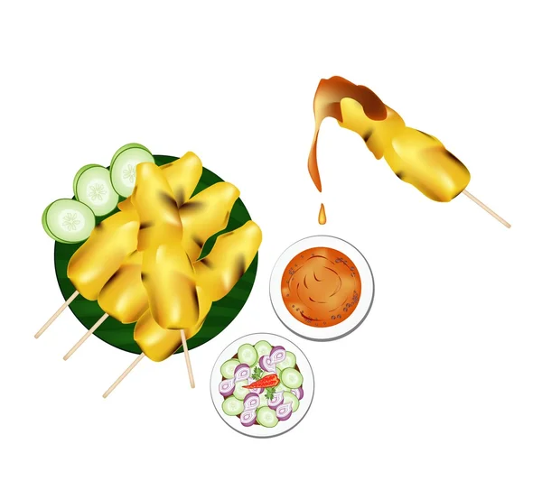 Barbacoa Satay o Carne Servida con Salsa de Cacahuete — Vector de stock