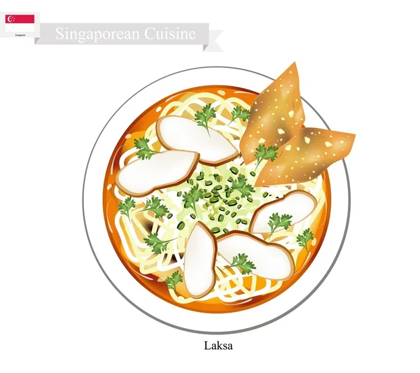 Laksa lub Singapurska zupa z makaronem z Dumpling i mięso Ball — Wektor stockowy