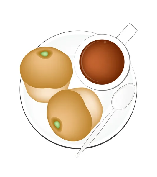 Café con pan de pan lleno de crema — Vector de stock