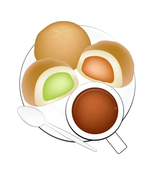 Café caliente con pan de pan lleno de crema — Vector de stock