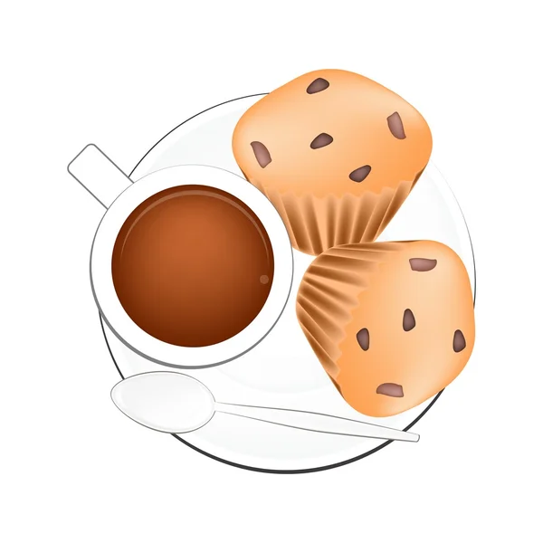 Kaffee mit Muffin-Kuchen auf weißem Hintergrund — Stockvektor