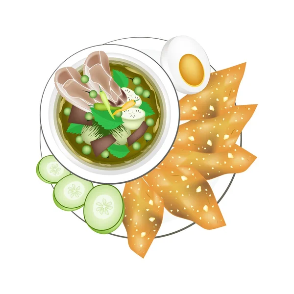 Curry verde tailandês com ovo cozido e Wonton frito —  Vetores de Stock