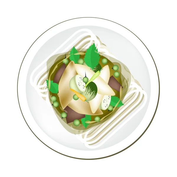 Curry verde tailandês com bolas de peixe servidas no arroz Vermicelli —  Vetores de Stock