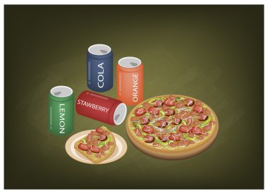 Çift Pizza ve Soda içecekler Chalkboard üzerinde