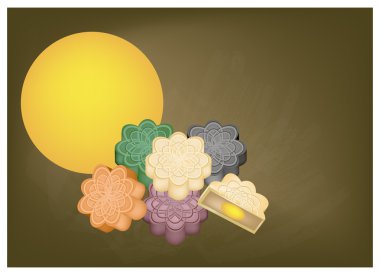Çince pasta Siyah Kara tahta üzerinde Mid Sonbahar Festivali için ay.