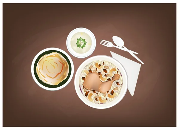 Machboos, Roti Canai y Hummus en pizarra — Vector de stock