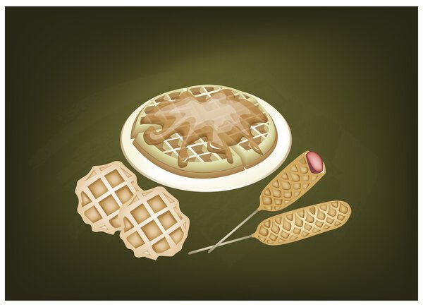 Round Waffles and Hot Dog Waffles on Chalkboard