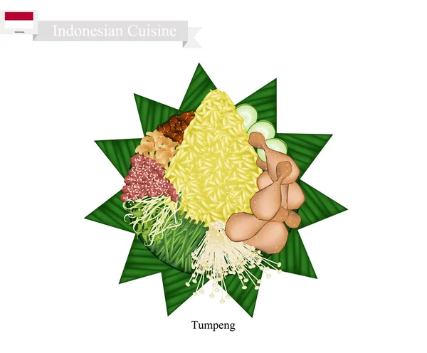 Tumpeng ή Ινδονησιακά κωνικό σχήμα ρύζι με διάφορα πιάτα της Ινδονησίας — Φωτογραφία Αρχείου