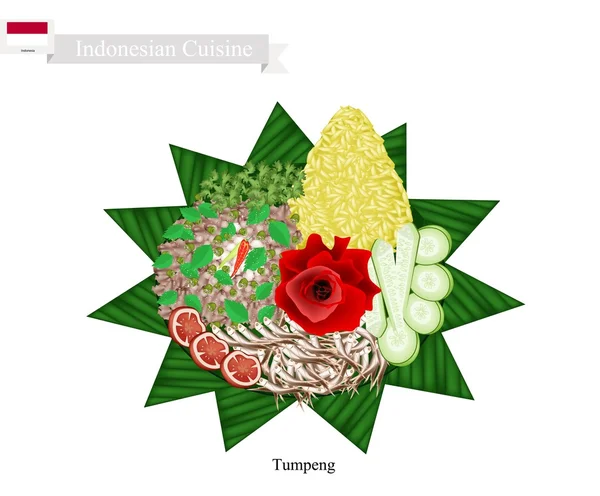 Tumpeng ou arroz em forma de cone indonésio com alimentos variados — Fotografia de Stock