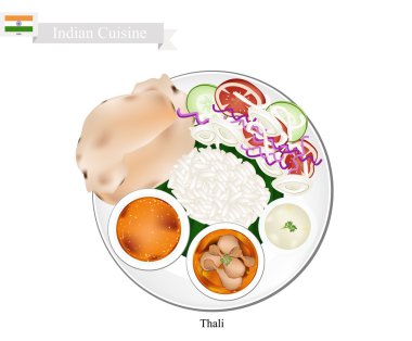 Thali veya Hint haşlanmış pirinç, gözleme ve köri çorbası