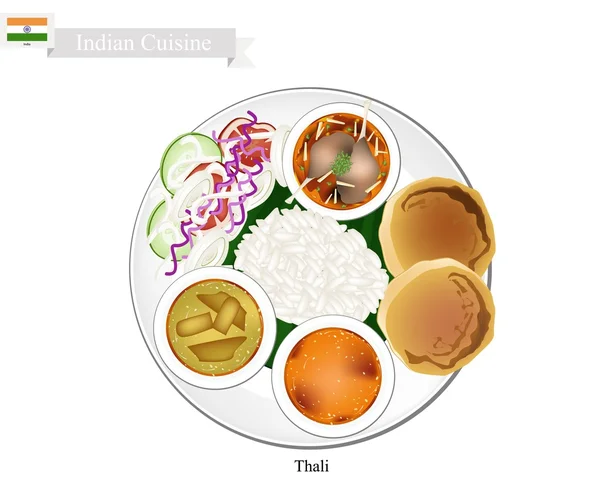 Thali vagy indiai párolt rizs, Flatbread és Lentil pörkölt — Stock Vector