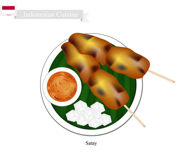 Saté of Indonesische stijl barbecue geserveerd met pindasaus — Stockvector