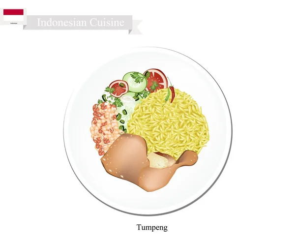 Tumpeng oder indonesischer gelber Reis mit verschiedenen indonesischen Gerichten — Stockvektor