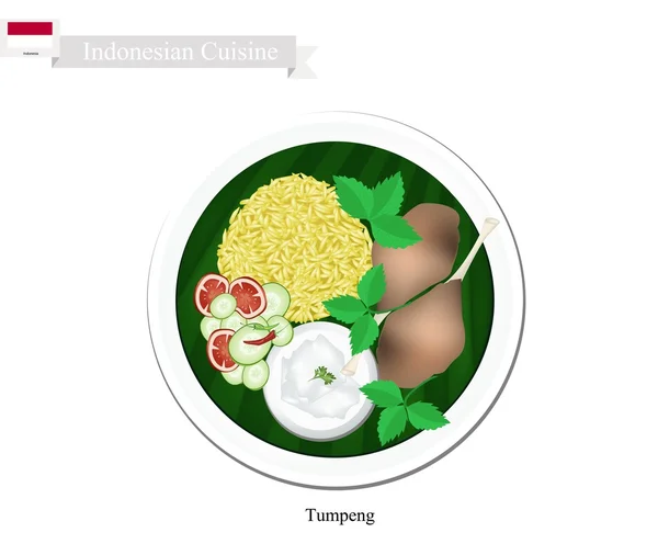 Tumpeng o arroz amarillo indonesio con pollo frito — Vector de stock