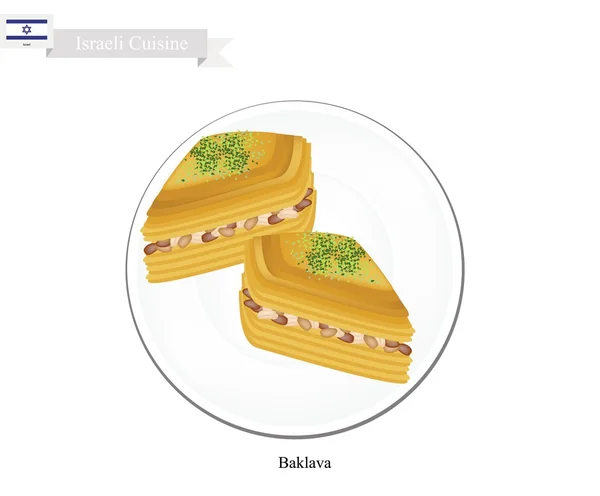 Baklava o pasticceria israeliana al formaggio con sciroppo e noci — Vettoriale Stock