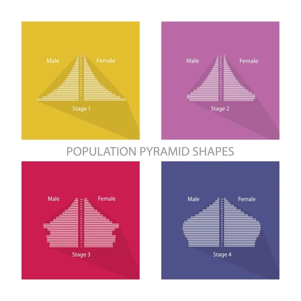 Le 4 Fasi della Popolazione Piramidi Grafici — Vettoriale Stock
