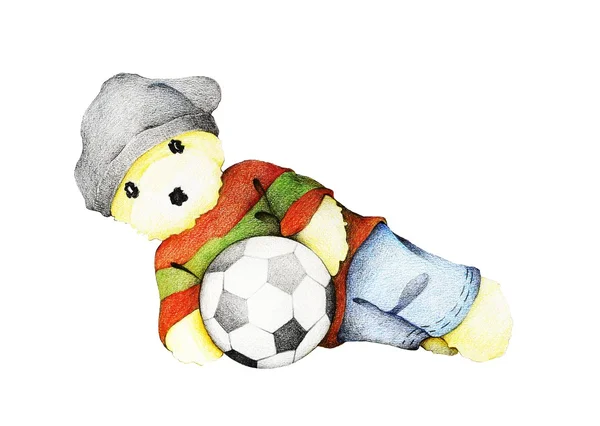 Ručně kreslenou roztomilý medvídek hrál fotbalový míč — Stock fotografie