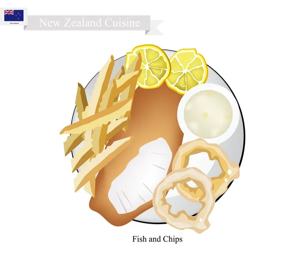 Balık ve cips, Yeni Zelanda popüler bir çanak — Stok Vektör