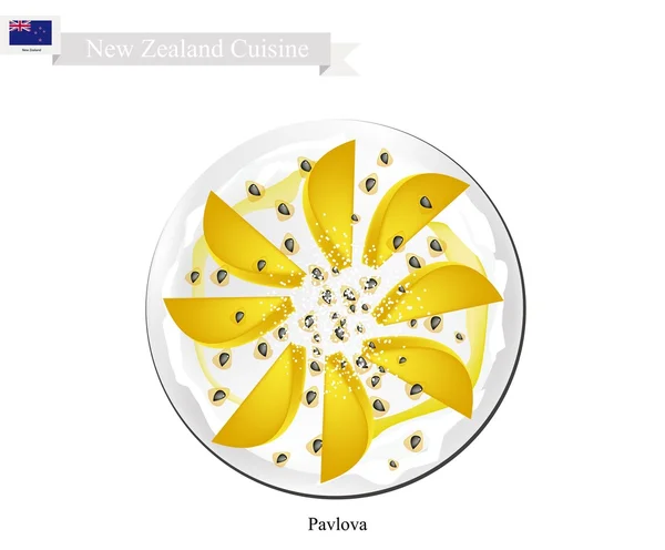 Павлова Meringue торт с манго, Новая Зеландия Десерт — стоковый вектор