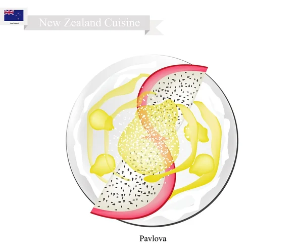 Павловская безе торт с Pitaya фрукты, Новая Зеландия Десерт — стоковый вектор