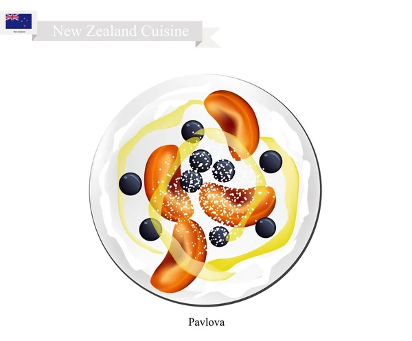 Павлова Meringue торт с спелыми фруктами, Новая Зеландия Десерт — стоковый вектор
