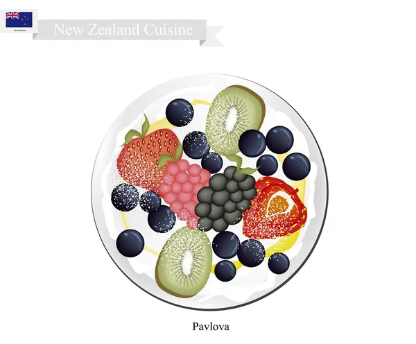 Павлова Meringue торт с ягодами фрукты, десерт Новой Зеландии — стоковый вектор