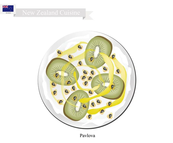 Павлова Meringue торт с Kiwifruits, Новая Зеландия Десерт — стоковый вектор
