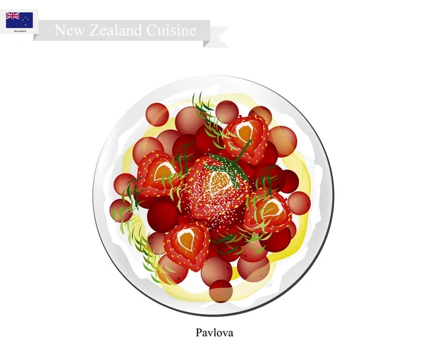 Павловская безе торт с клубникой и красной смородиной, десерт из Новой Зеландии — стоковый вектор