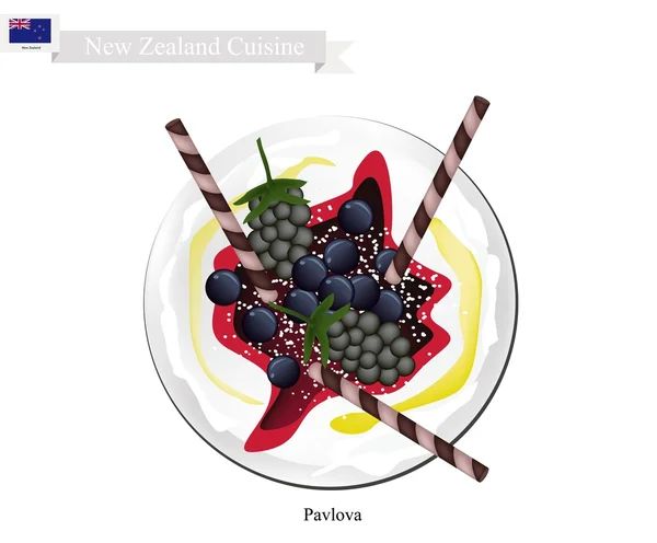 Павловская безе торт с ягодами, десерт из Новой Зеландии — стоковый вектор