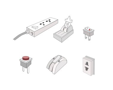 Çeşitli elektrik prizleri, soket, Swicth ve Circuit Breaker 'ın tasviri. Binalardaki ve diğer sitelerdeki Güç Kaynaklarına Bağlanacak Elektrik Ekipmanı.