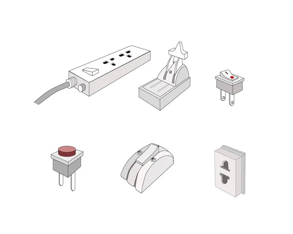Illustration Fiches Électriques Assorties Prise Interrupteur Disjoncteur Équipement Électrique Connecter — Image vectorielle