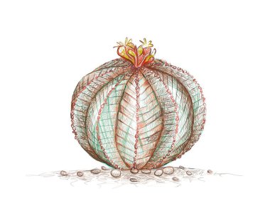 Resimlerde Euphorbia Obesa ya da Baseball Kaktüsü bitkisinin çizimi. Bahçe dekorasyonu için keskin dikenli sulu bitkiler.