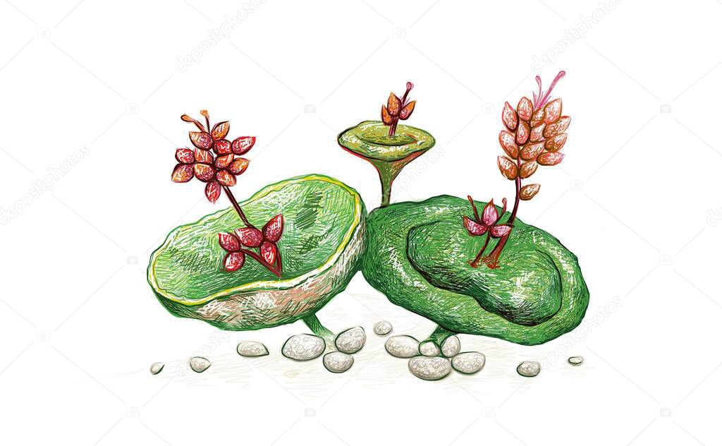 Illustration Hand Drawn Sketch of Crassula Umbella or Wine Cup with Red Flowers. A Succulent Plants for Garden Decoration