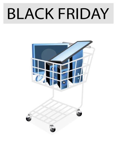 คอมพิวเตอร์ตั้งโต๊ะในรถเข็นช้อปปิ้ง Black Friday — ภาพเวกเตอร์สต็อก