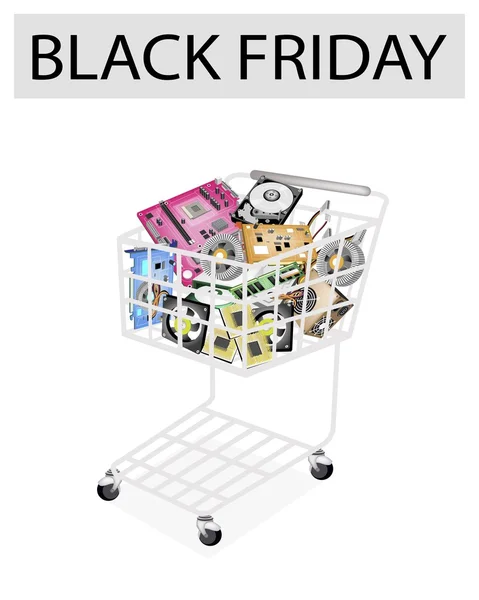 Set of Hardware Computer in Black Friday Shopping Cart — Stock Vector
