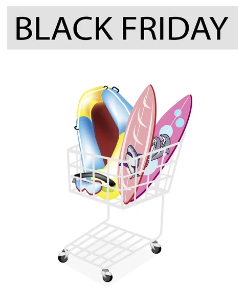 Inflatable Boat and Surfboards in Black Friday Shopping Cart — Stock Vector