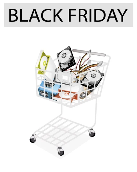 Set komputer Hardware di Black Friday Shopping Cart - Stok Vektor