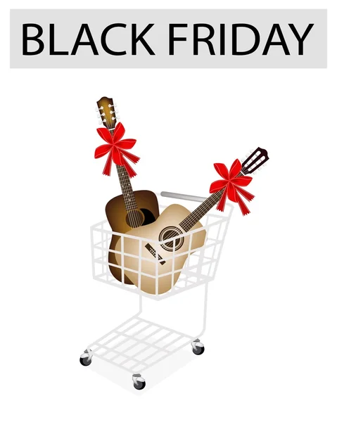 Kytara s červenou stuhou v černém pátku nákupní košík — Stockový vektor