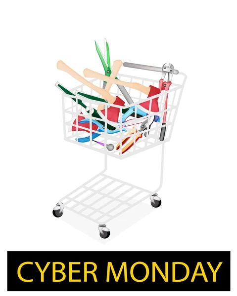Varias herramientas artesanales en Cyber Monday Shopping Cart — Archivo Imágenes Vectoriales