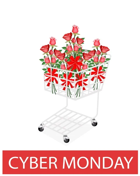 サイバー月曜日ショッピングカートでリボンとバラの花束 — ストック写真