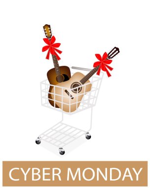 Siber Pazartesi alışveriş sepeti içinde kırmızı kurdele ile gitar