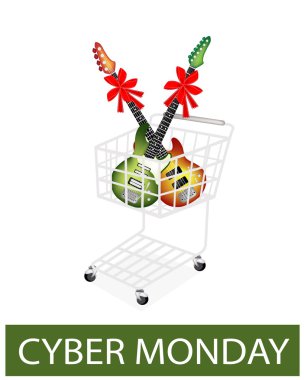 Siber Pazartesi alışveriş sepeti içinde kırmızı kurdele ile elektro gitar