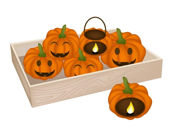 Una pila de calabazas Jack-o-Lantern en caja de madera — Vector de stock