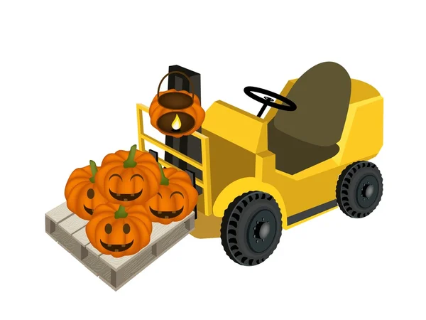 A Forklift Truck Loading A Pile of Jack-o-Lantern Pumpkins — Stock Vector