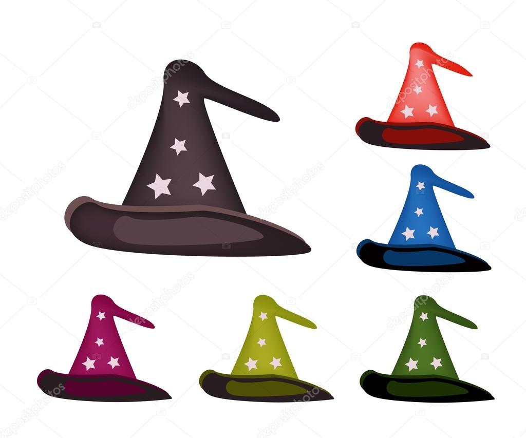 Various Colors of Lovely Witch Hat on White Background