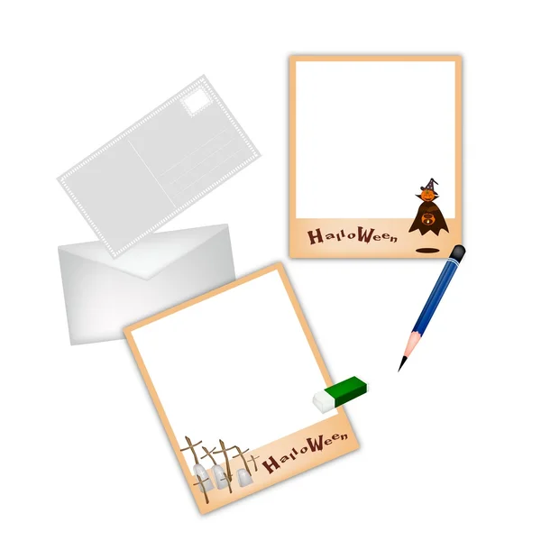 Halloween-Postkarte und Umschlag mit Bleistift und Radiergummi — Stockvektor