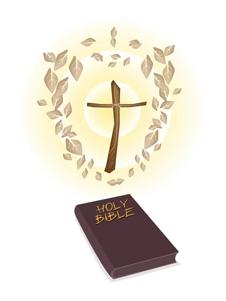 Una Santa Biblia Marrón con una Cruz de Madera — Vector de stock