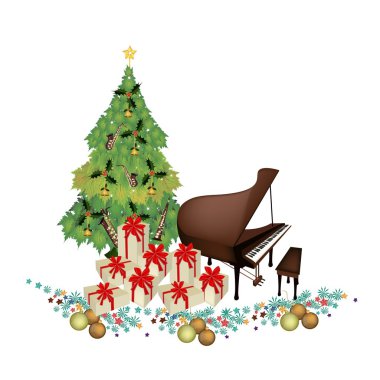 Hediye kutuları ve piyano ile Noel ağacı
